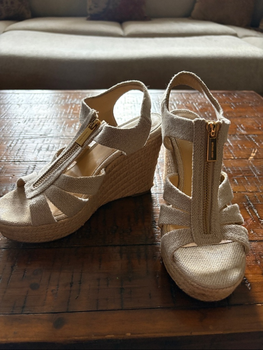 Michael Kors Natural Beige Espadrille Wedge Sandals with Front Zip